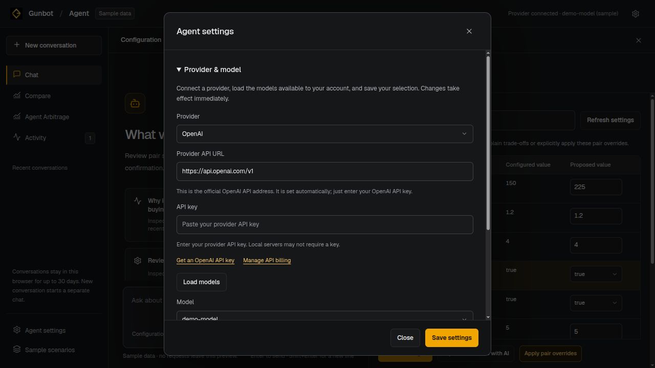 Agent settings showing provider, endpoint, API key and model controls with no key entered.