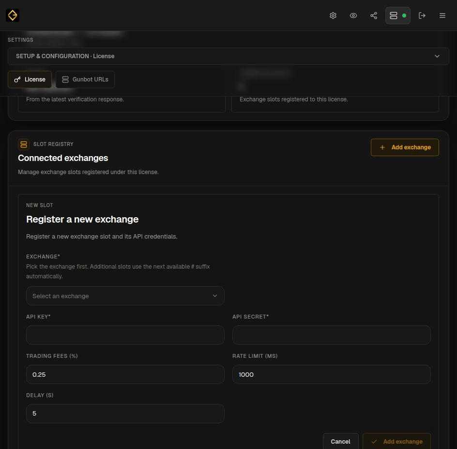 Register another exchange in Gunbot Live Settings