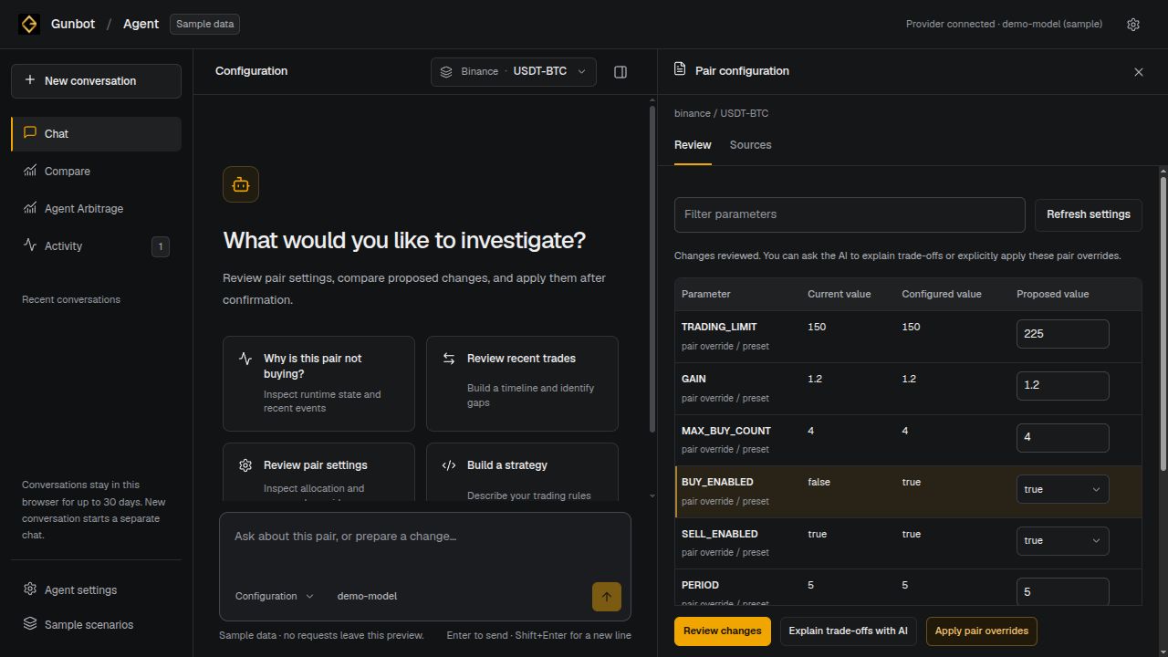 Configuration review showing current, configured and proposed pair values alongside the Agents conversation.