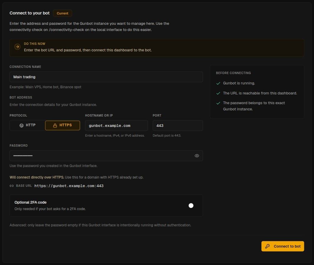 Connect to your bot with the protocol, address, port, and Password directly below the address fields.