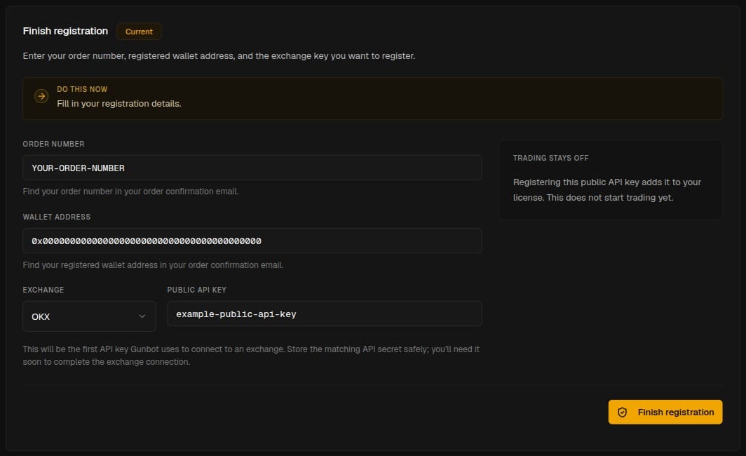 Finish registration combines the order number, registered wallet address, exchange, and public API key in one form.