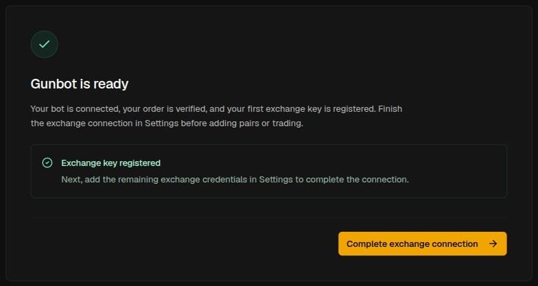 Gunbot is ready confirmation with Complete exchange connection leading to the remaining credentials.