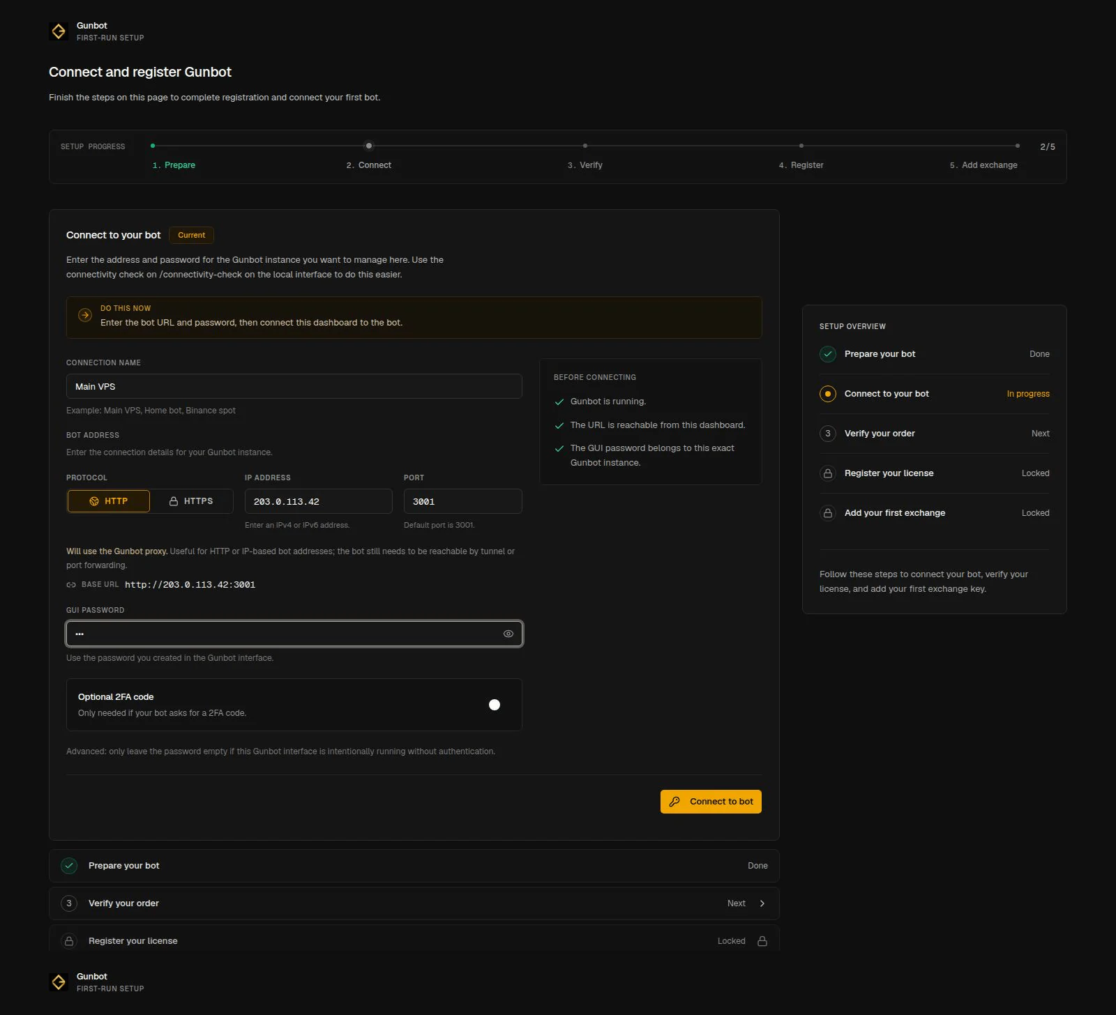 Gunbot Unlimited startup wizard on the Connect step with the bot address, name, and password fields.