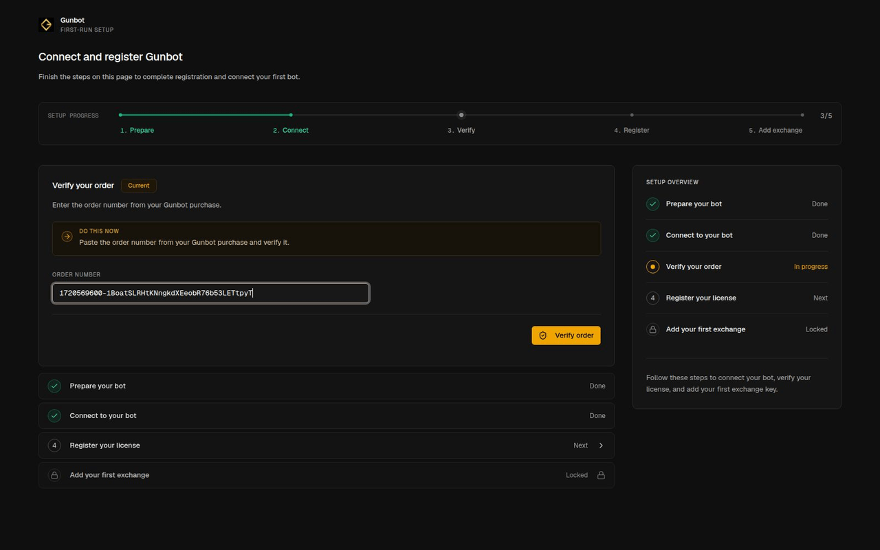 Enter and verify the Gunbot order number