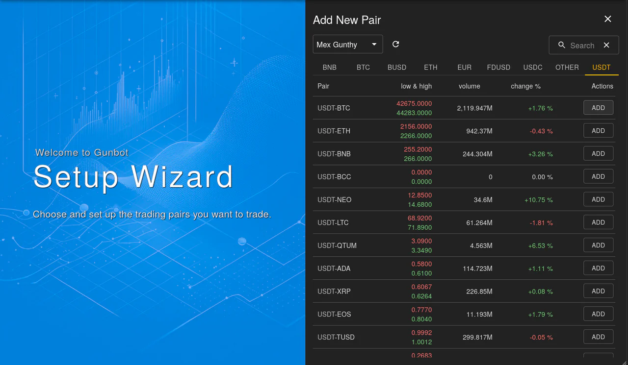 Gunbot wizard interface for selecting and configuring trading pairs Select Trading Pair
