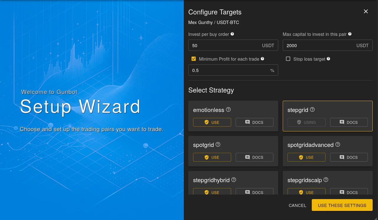 Gunbot wizard interface for customizing trading strategy parameters Strategy Settings