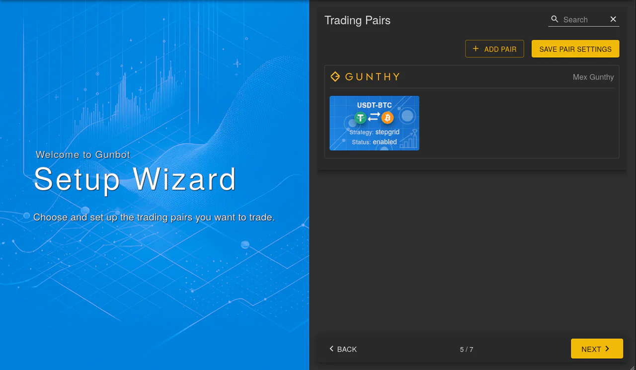 Gunbot wizard interface showing overview of configured trading pairs Pair Overview