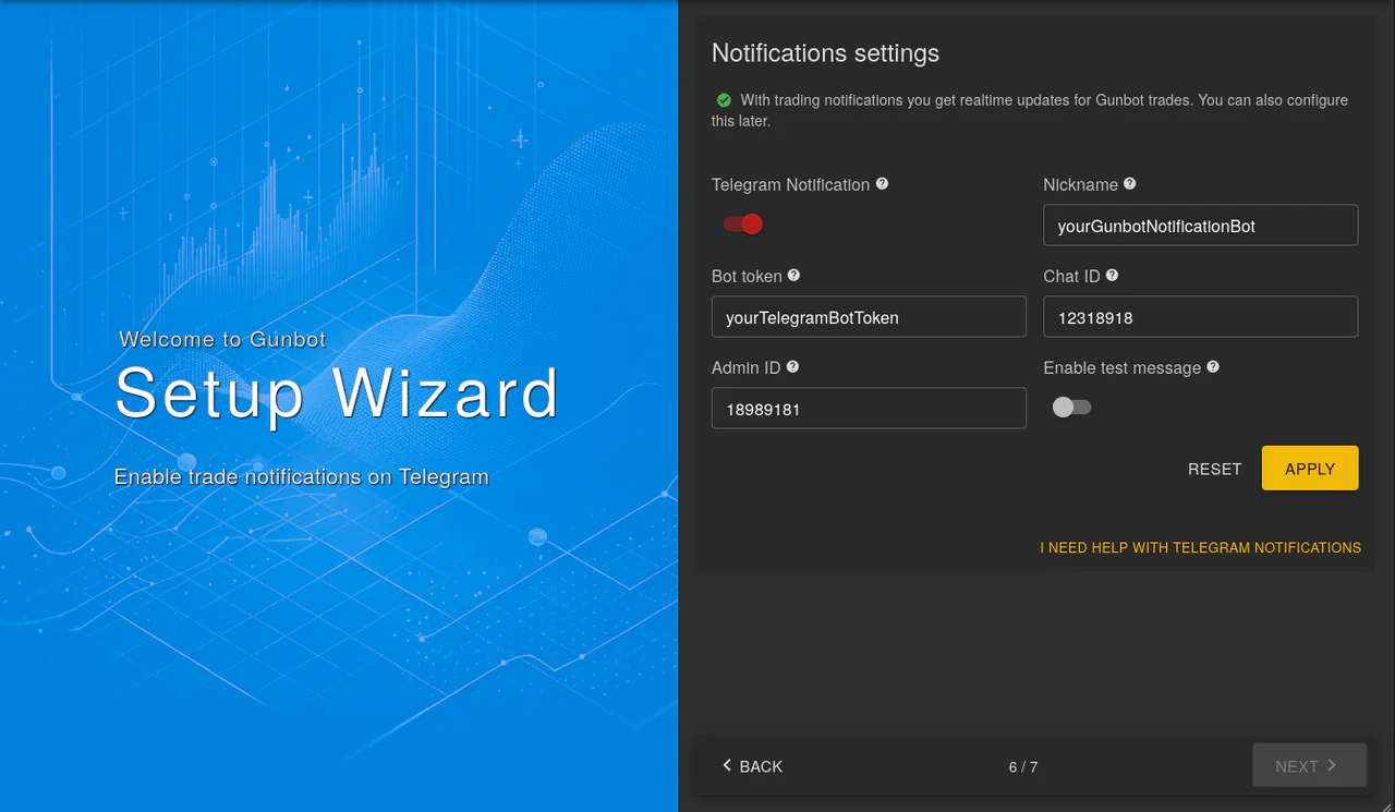Gunbot wizard interface for configuring Telegram notification settings Telegram Notifications