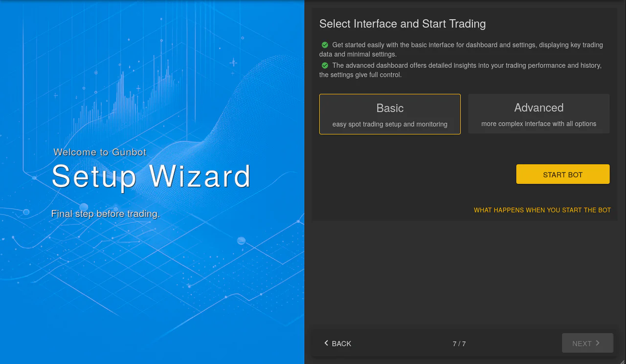 Gunbot wizard interface for choosing between basic and advanced display modes Select Interface