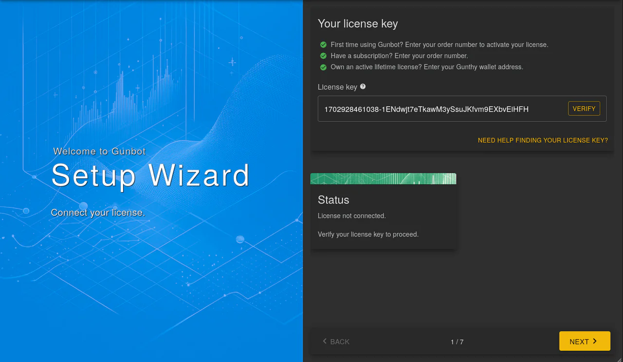 Enter your Gunbot license key in the setup wizard Enter your Gunbot license key in the setup wizard