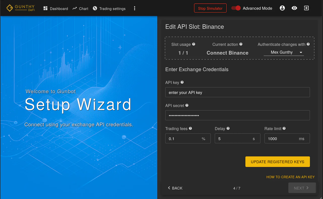 Entering API credentials (key and secret) for the newly selected exchange in Gunbot. Entering API credentials (key and secret) for the newly selected exchange in Gunbot.