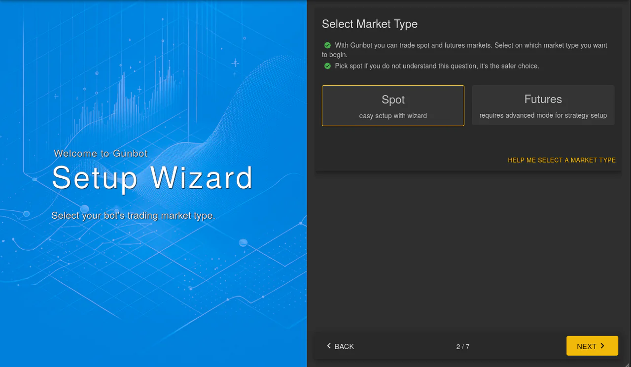 Gunbot wizard interface for selecting spot or futures market type Select market type