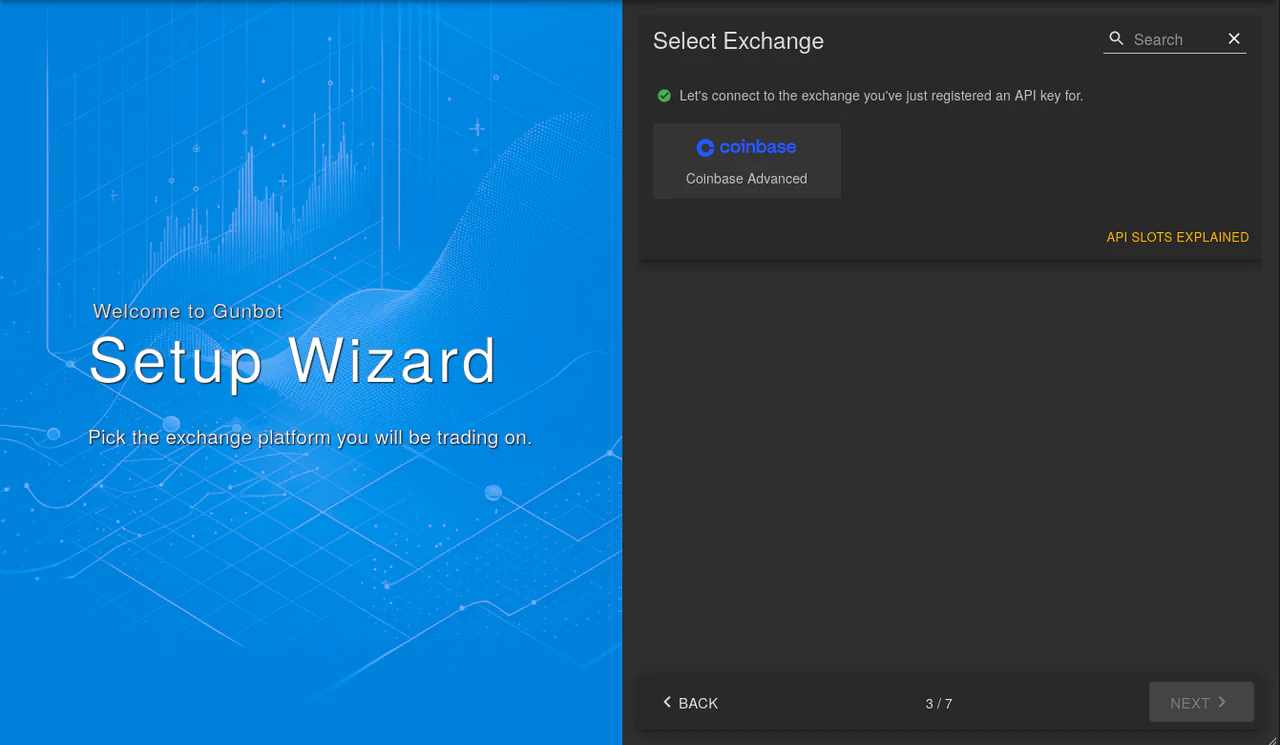 Gunbot wizard interface for selecting cryptocurrency exchange platform Select exchange