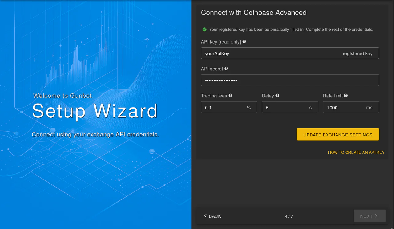 Gunbot wizard interface for securely entering exchange API credentials Enter exchange credentials