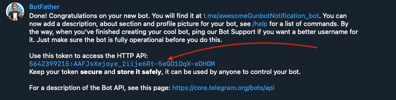 Telegram BotFather API token for Gunbot notifications Telegram BotFather confirmation containing the API token required by Gunbot