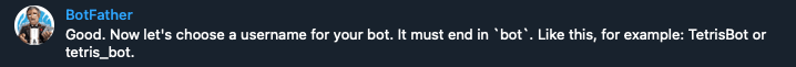 Setting the Telegram bot username Telegram BotFather requesting a unique username for the Gunbot notification bot