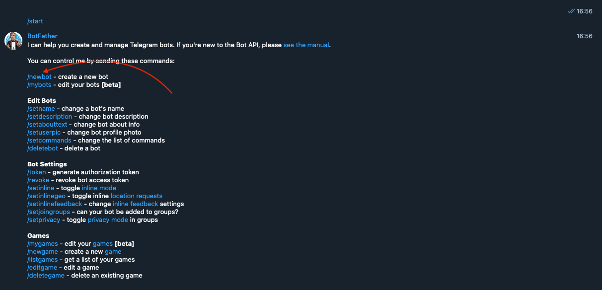 Creating new bot with BotFather command Creating new bot with BotFather command