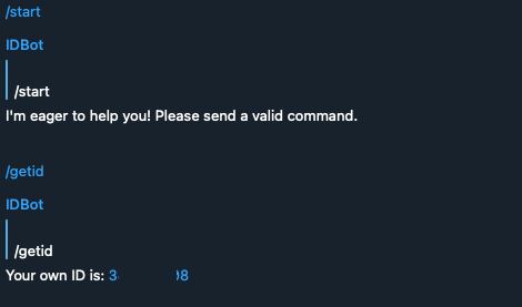 Retrieving the Telegram chat ID required by Gunbot Telegram GetIDBot conversation showing the chat ID required for Gunbot notifications