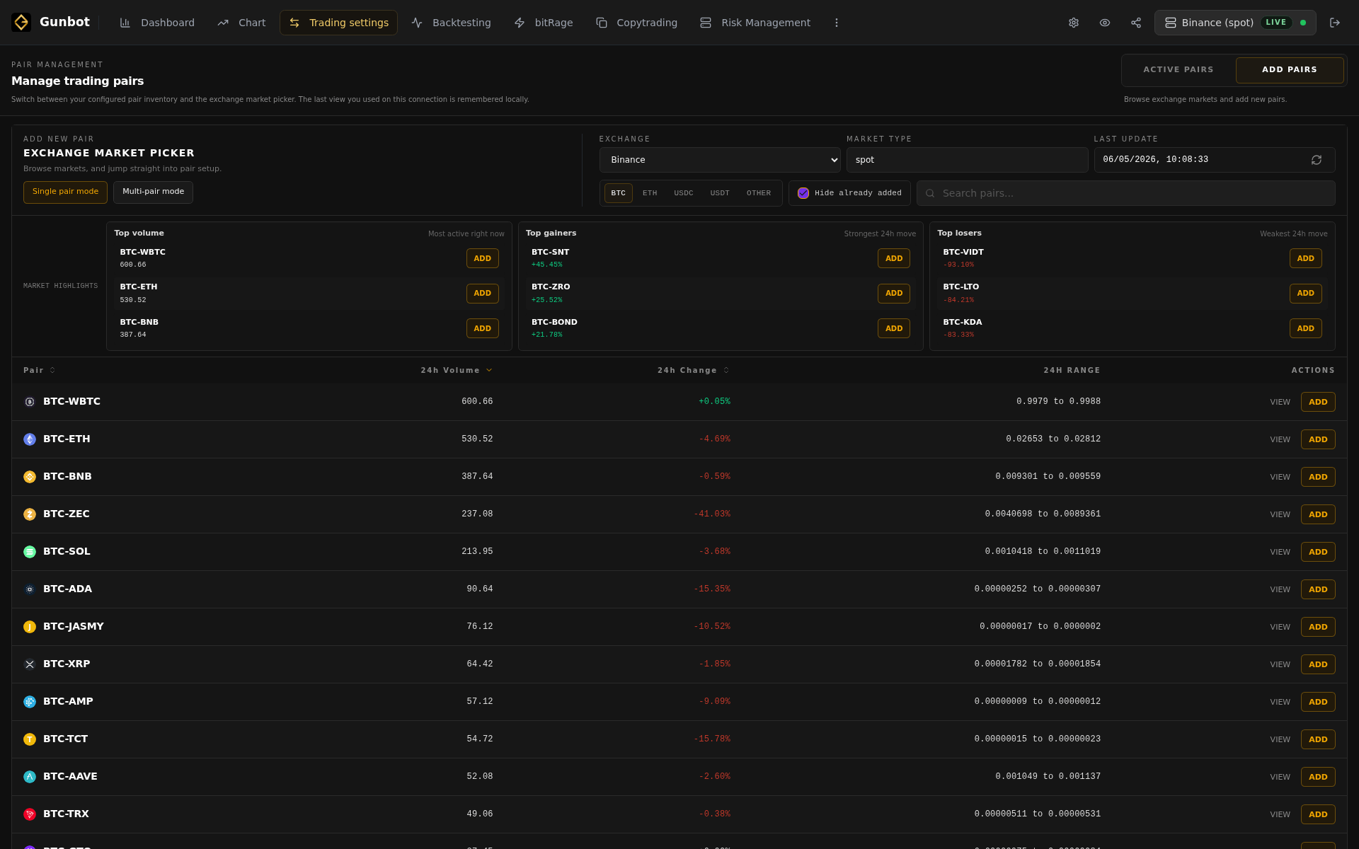 Trading Settings interface screenshot
