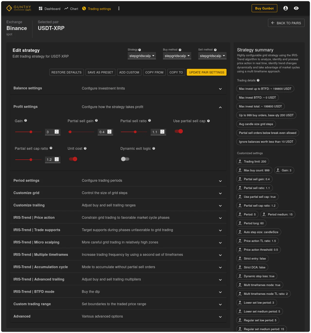 Gunbot strategy configuration interface with real-time statistics overview Gunbot strategy configuration interface with real-time statistics overview