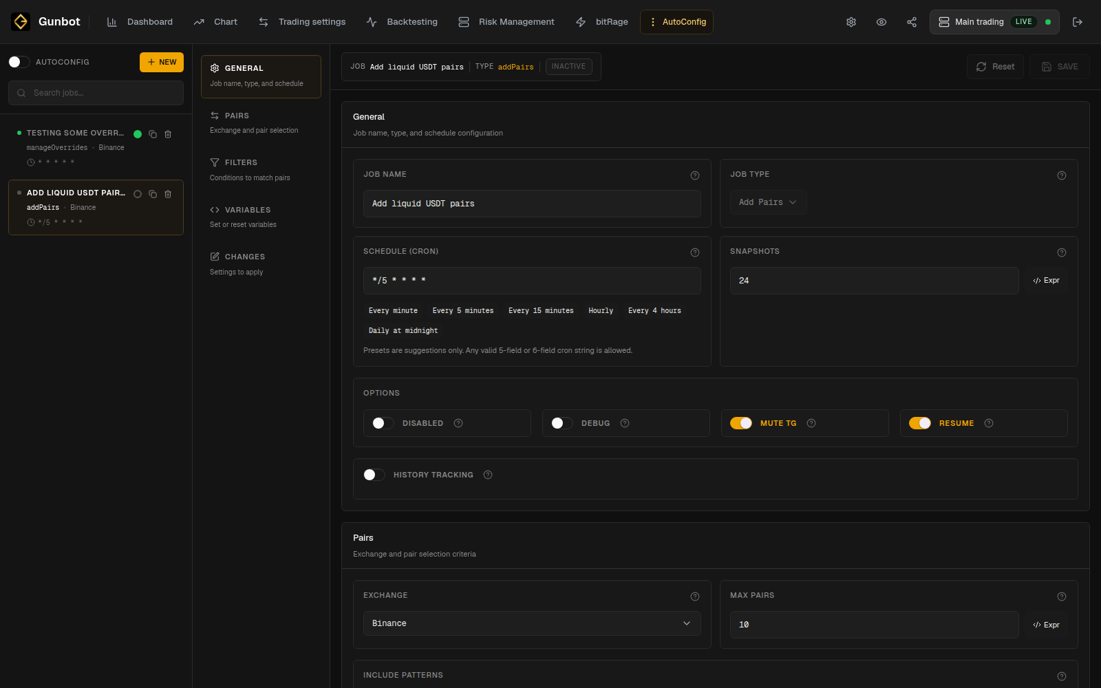 AutoConfig job editor organized into General, Pairs, Filters, Variables, and Changes.