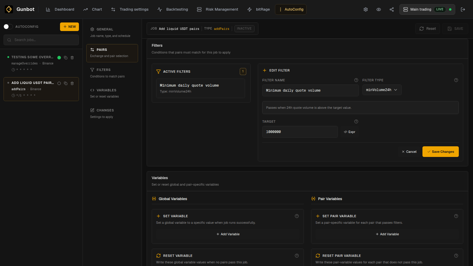 AutoConfig job with a narrow pair scope and an explicit filter.