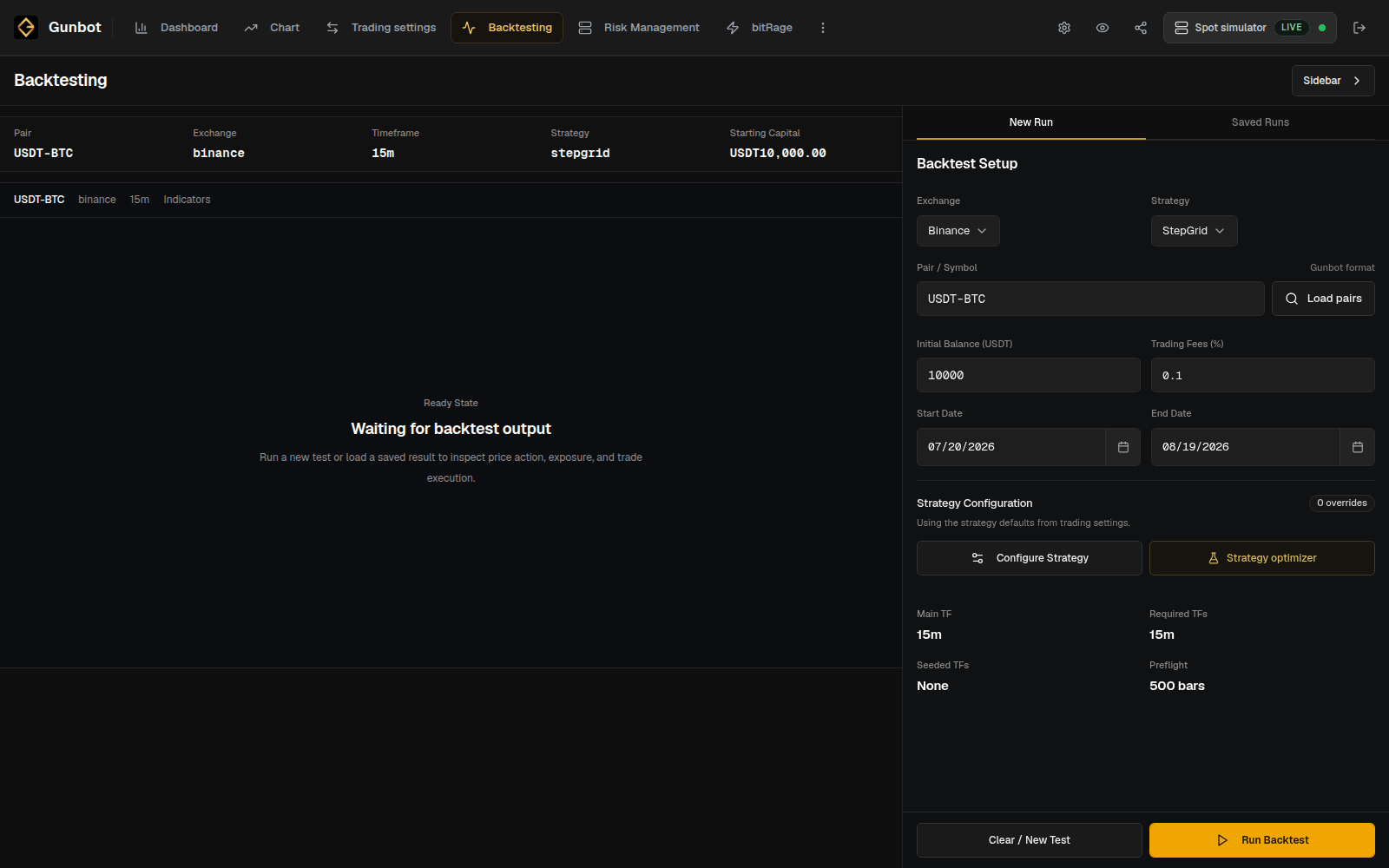 Gunbot Live spot StepGrid backtest setup for USDT-BTC with provider, balance, fees, and historical date range configured.