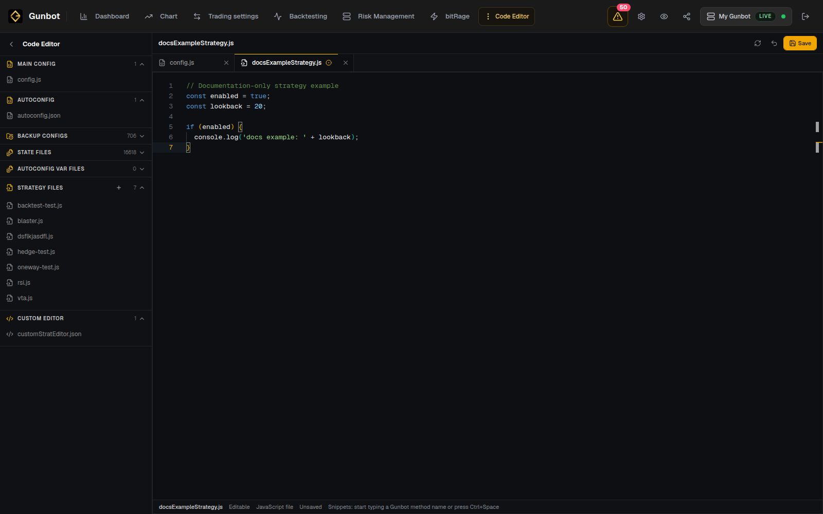 Gunbot Live Code Editor with docsExampleStrategy.js open on the selected Gunbot instance.