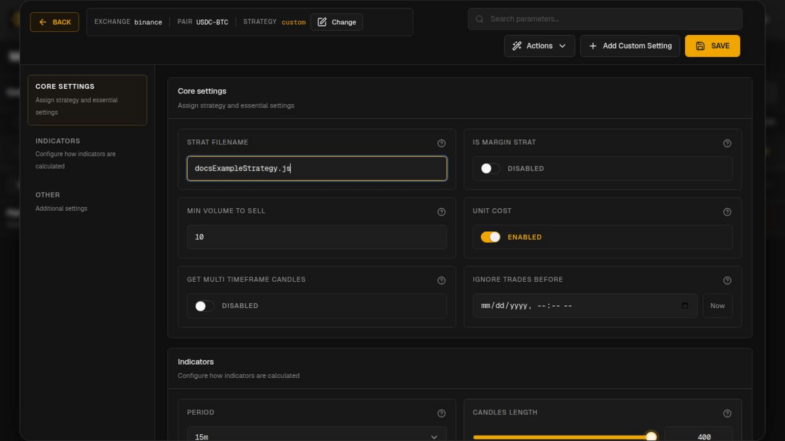 A USDC-BTC pair configured to use a custom JavaScript strategy file.