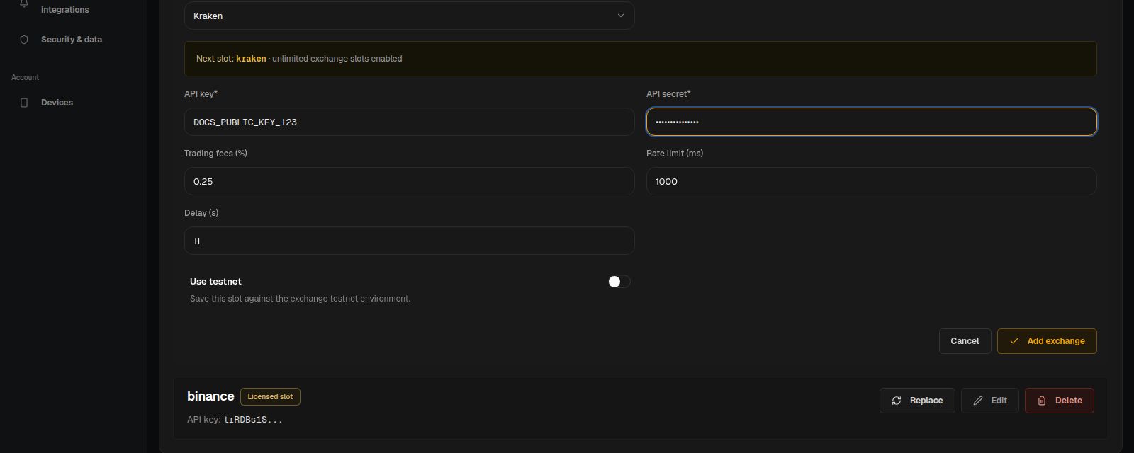 Adding another exchange API key from the License section in Gunbot Live.