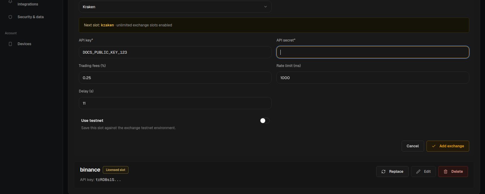 License settings with the registered exchange key ready for its secret credentials.