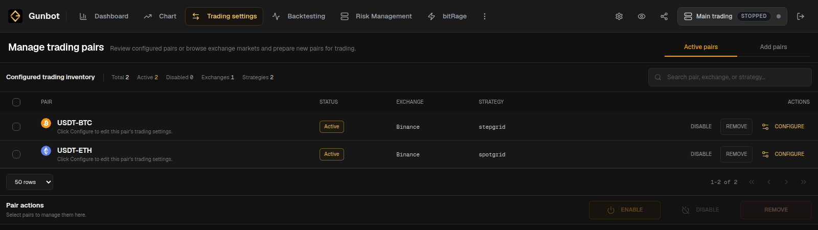 A newly saved USDT-BTC pair enabled in Active pairs while the selected Gunbot instance is stopped.