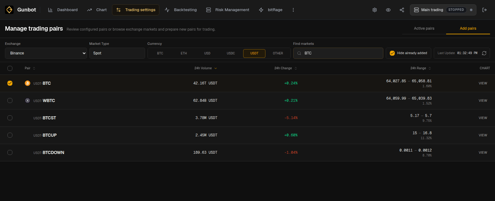Selecting the USDT-BTC spot market from Add pairs in Gunbot Live.