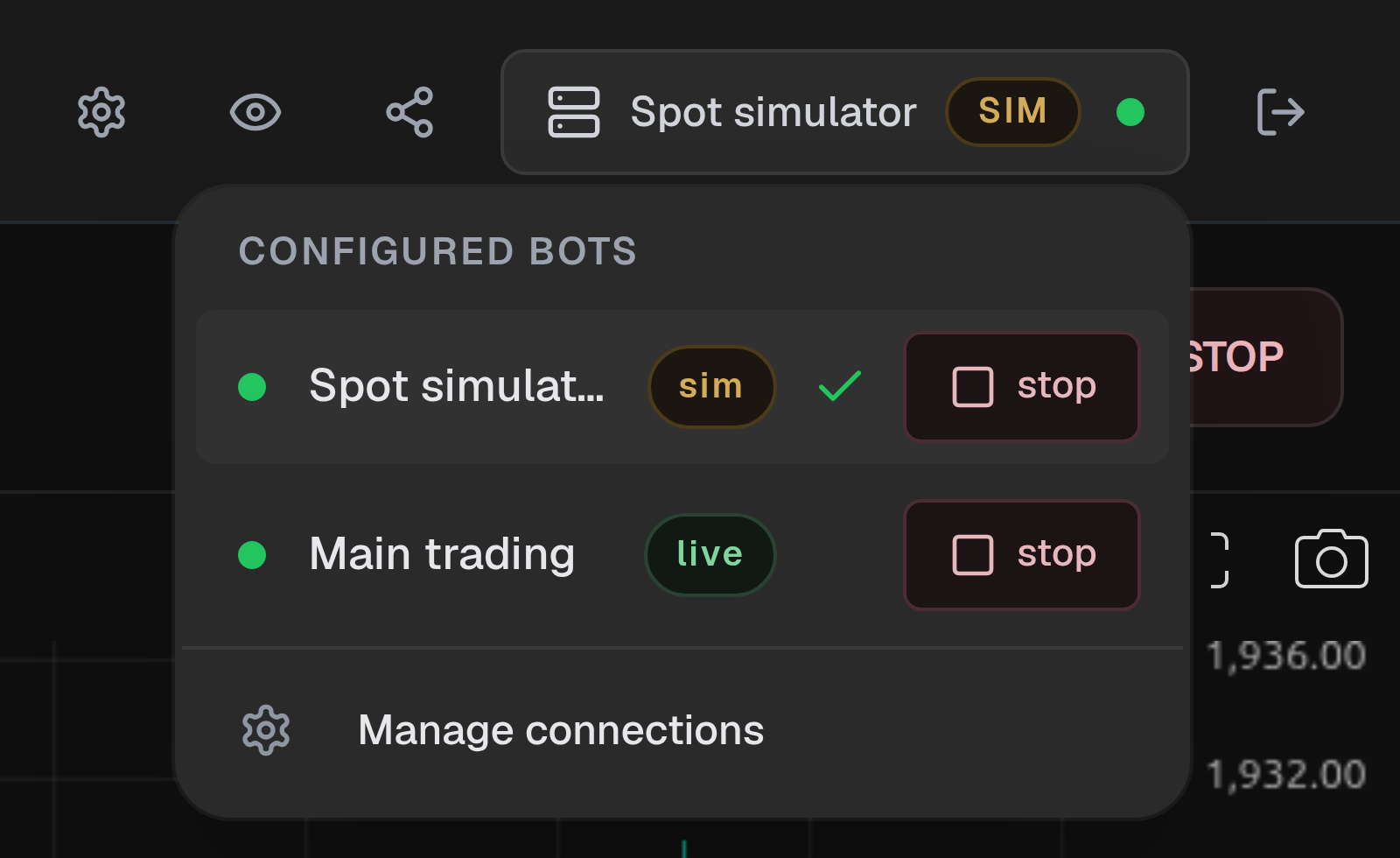 Gunbot Live bot selector showing Main trading and Spot simulator as separate Gunbot installations.