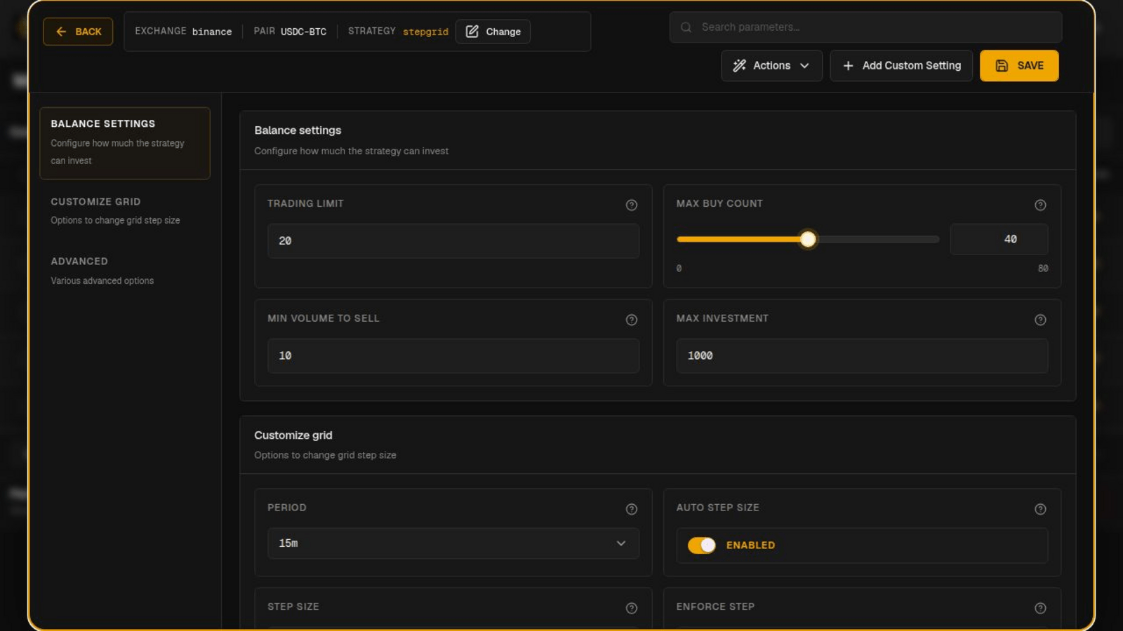 Editing the StepGrid configuration attached to a USDT-BTC pair.