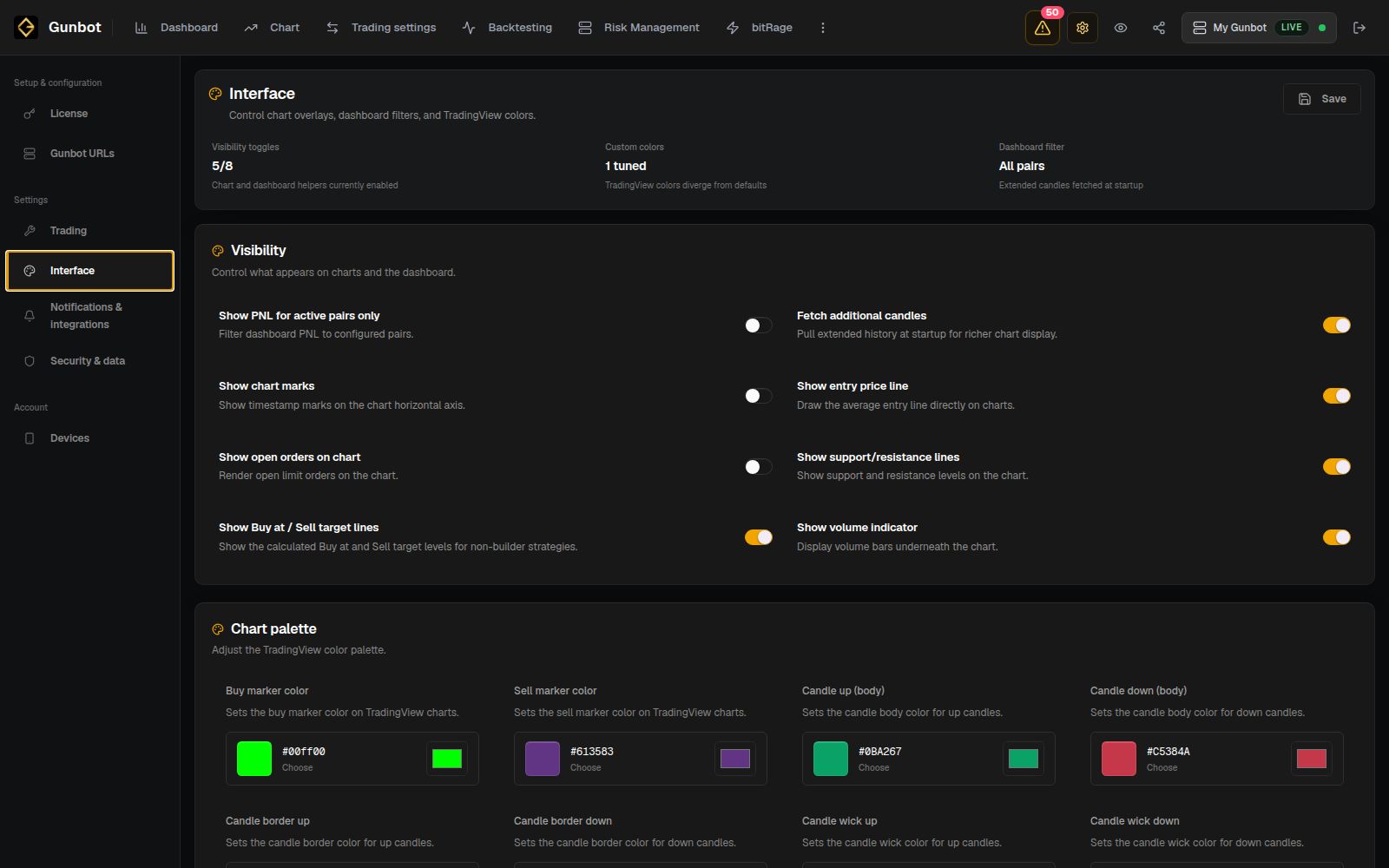 Gunbot Live Settings navigation grouped by exchange access, bot behavior, interface, integrations, and security.