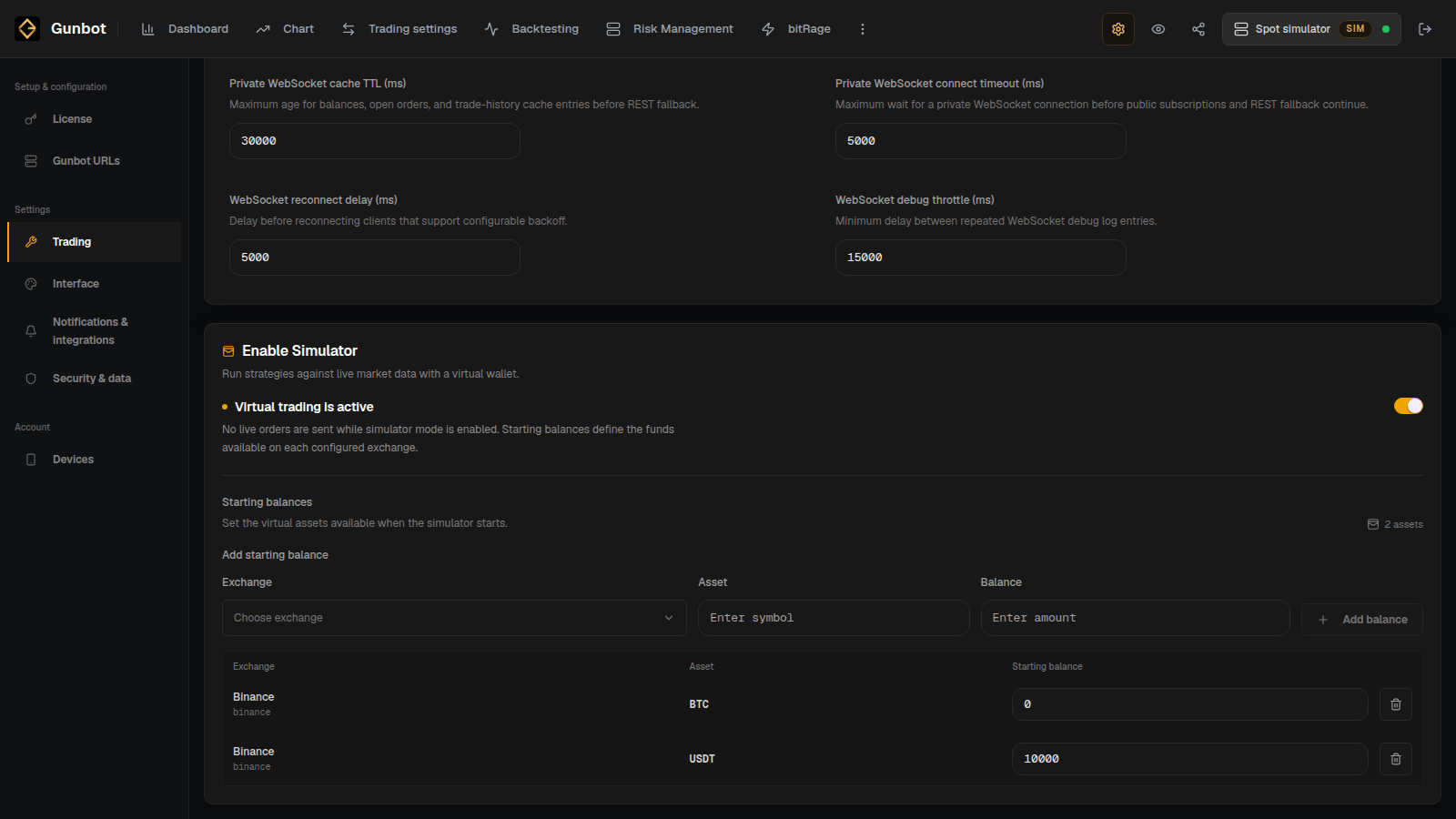 Spot simulator settings with Simulator mode enabled and virtual USDT and BTC starting balances.