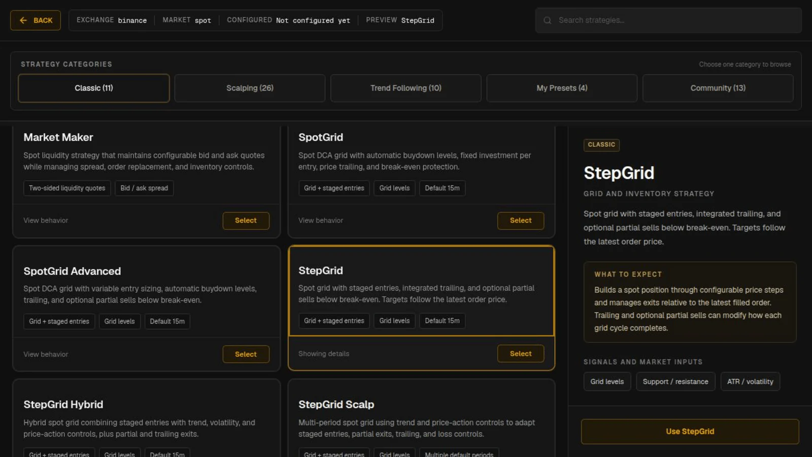 Gunbot Live strategy library with strategy categories and a StepGrid behavior preview.